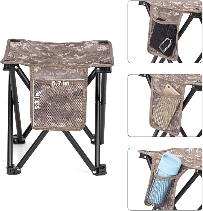 Triple Tree 1 Pack Folding Camping Stool, 13.8 Inch Small Portable Lightweight Stool with Side Pocket, Foot Stool with Carry Bag for Hiking, Fishing and Beach, Hold up to 400lbs, Camouflage