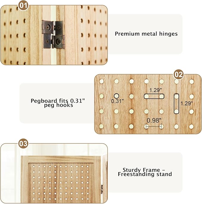 Pegboard Display, 5.6Ft Wooden Room Divider Folding Privacy Screens Portable Freestanding Wall Organizer for Retail Craft Art Display Board (4panels, Natural)