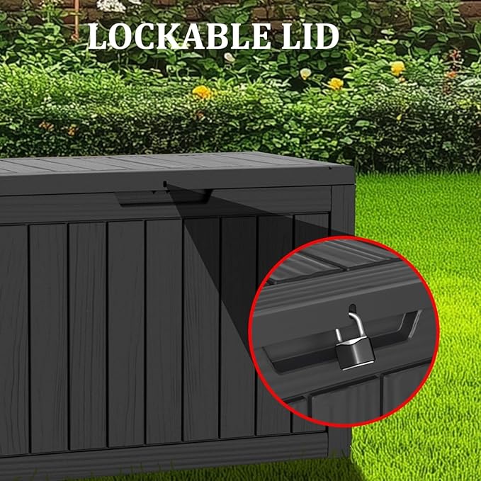 180 Gallon Resin Deck Box, Waterproof Outdoor Storage Box for Patio Furniture, Garden Tools, and Pool Accessories, Lockable UV-Resistant Storage Bin Bench Cabinet for Outside, Black
