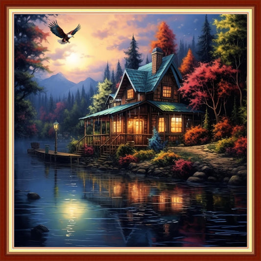 Joyhoor Cross Stitch Kits for Beginners Stamped Cross-Stitch Supplies Needlework preprint Embroidery Kits for Adults DIY Needlepoint Kits Embroidery Patterns 11CT-Night Moon Scenery 18x18 inchs