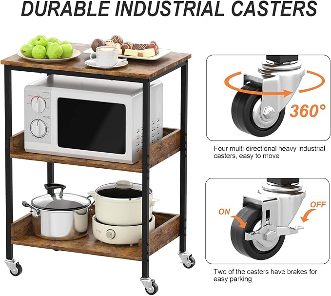 ASTARTH Kitchen Microwave Cart, 3 Tier Rolling Utility Cart on Wheels Coffee Cart, Storage Islands for Living and Kitchen Room