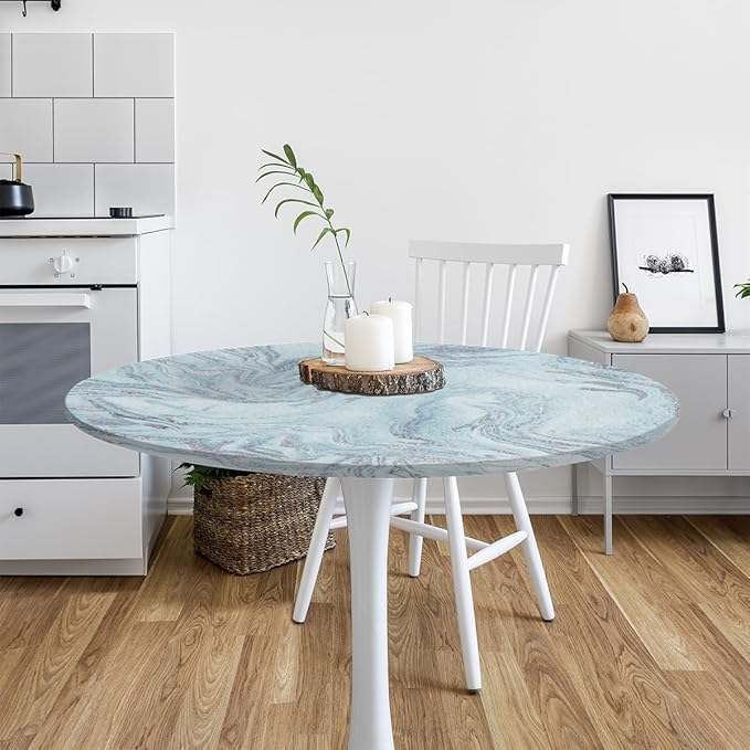 Blue Silver Marble Pattern Round Table Cloth Cover, Elastic Edge Waterproof Wipeable Tablecloths 36"-42" Polyester Tablecloth for Party Restaurant Banquet Holiday Camping Outdoor Picnic