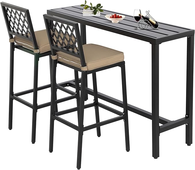Outdoor Patio Bar Set, Bar Height Patio Dining Set, Weather-Resistant Bistro Counter Pub Set with Cushions & Slatted Tabletop for Backyard