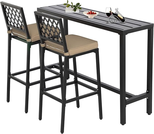 Outdoor Patio Bar Set, Bar Height Patio Dining Set, Weather-Resistant Bistro Counter Pub Set with Cushions & Slatted Tabletop for Backyard