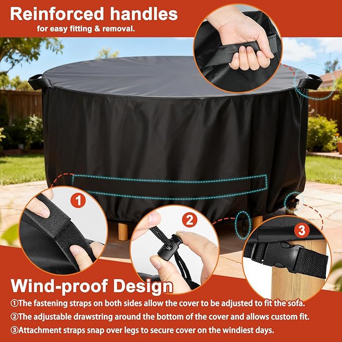 LBTING Round Patio Furniture Cover, Outdoor Table Chair Set Covers 48Dia x 28H Inches, 420D Waterproof Windproof Dust-proof UV-Resistant Furniture Cover - Black
