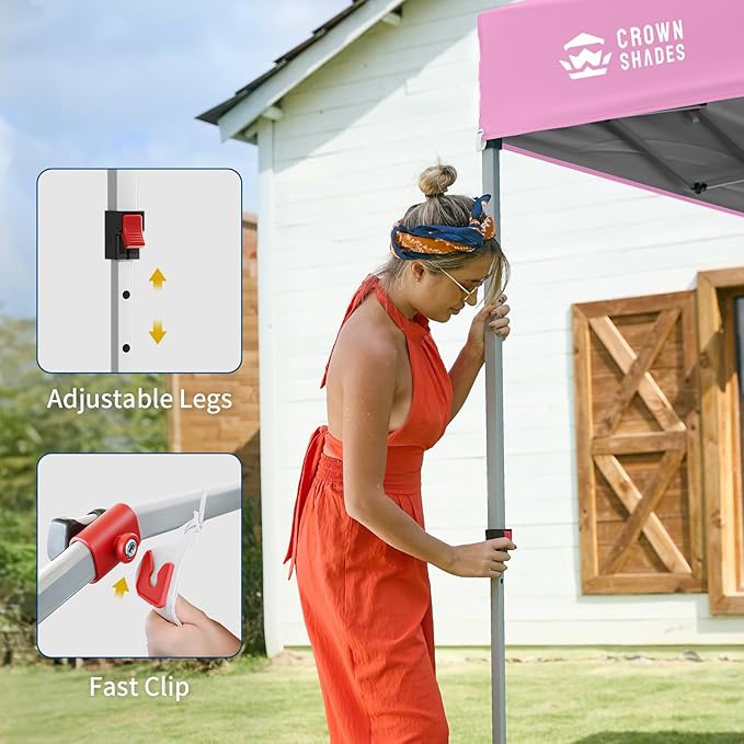 CROWN SHADES Canopy Tent, 10 x 10 Foot Portable Pop Up Outdoor Shelter with 1 Sidewall, Easy 1 Push Center Lock, UV Protection, and Carry Bag, Pink