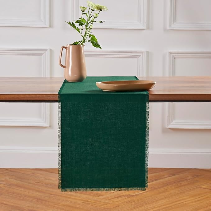 Solino Home Linen Fringe Table Runner 108 Inches Long - 100% Pure Linen Evergreen Table Runner 14 x 108 Inch for Winter, St Patricks Day - Handcrafted and Machine Washable