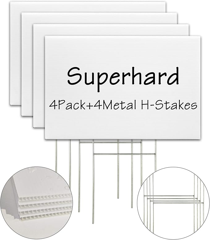 Blank Yard Lawn Signs, 4 Pack 18 x 12 Inches White Plastic For Happy Birthday,Garage Sale, Rent, Guidepost Decorations, Blank Lawn Signs With Stakes
