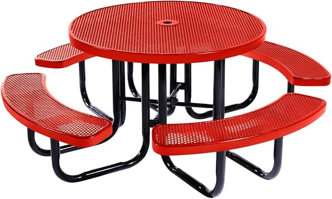 COATEDOUTDOORFURNITURE Coated Outdoor Furniture Heavy-Duty Portable Outdoor Picnic Table with Umbrella Hole, Punched Steel Commercial-Grade Patio Dining Furniture Made in America (46" Round Top, Red)