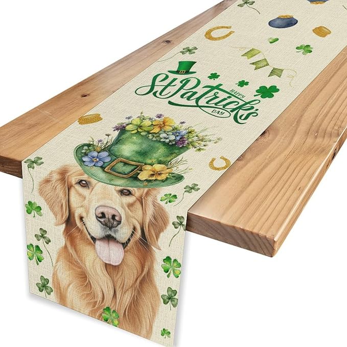 St.Patrick's Day Table Runner,Sharmrock Dog Hat Golden Retriever Beige Rustic Table Center Decor for Home Kitchen Dining Patio Holiday Party Indoor Table Decorations, 13"x90"