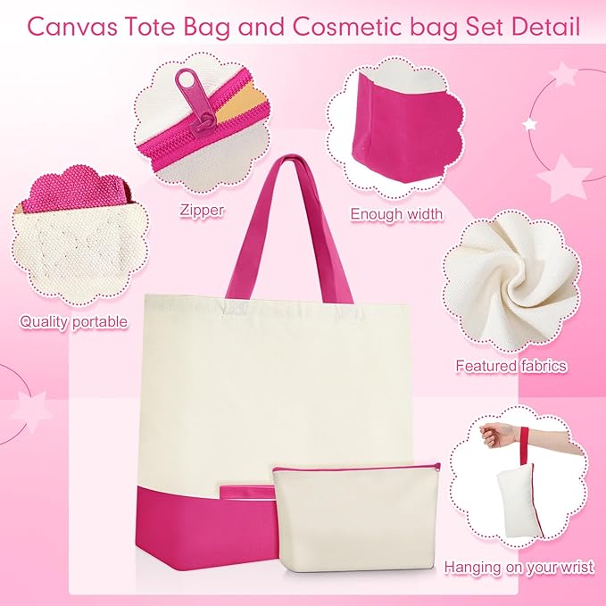 Sanwuta 24 Pcs Canvas Tote Bags Bulk with Zipper Cosmetic Bags 18.5" Cotton Canvas Bag with Handles Reusable Shopping Bags