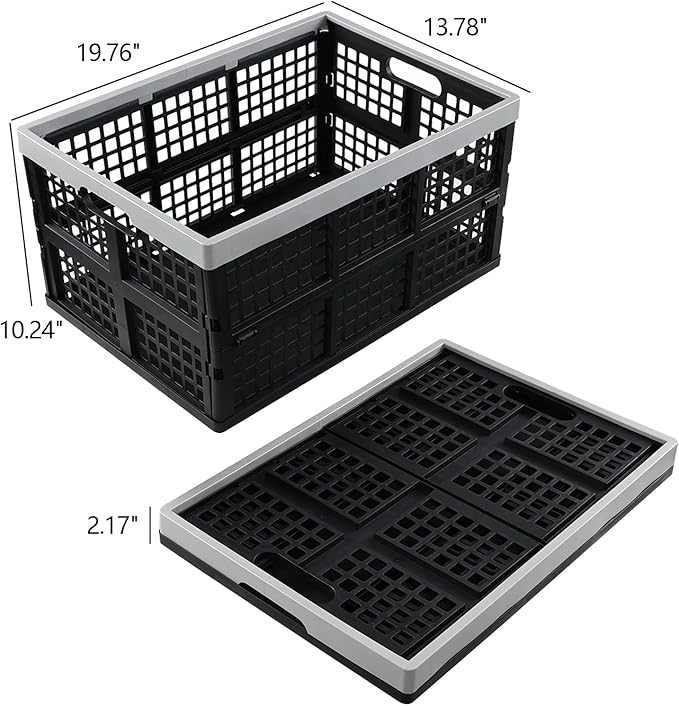 3 Pack 42 L Large Plastic Collapsible Storage Crates, Stackable Folding Milk Crate, Black