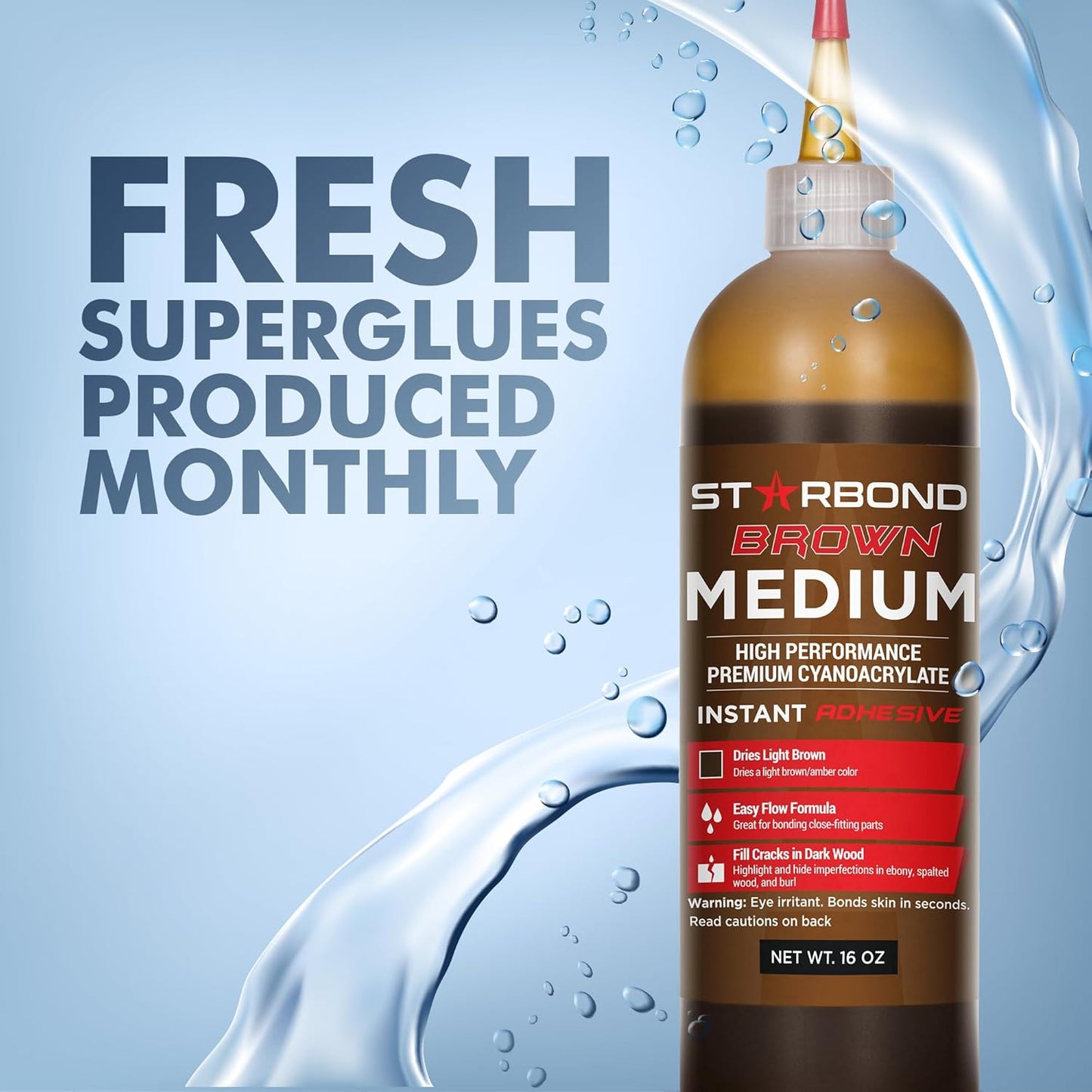 Premium Grade Cyanoacrylate (CA) Super Glue by STARBOND - 16 OZ Complete Refill KIT (453-gram) - Light Brown Medium Crack Filler 150 CPS Viscosity Adhesive for Woodworking, Woodturning, Carpentry