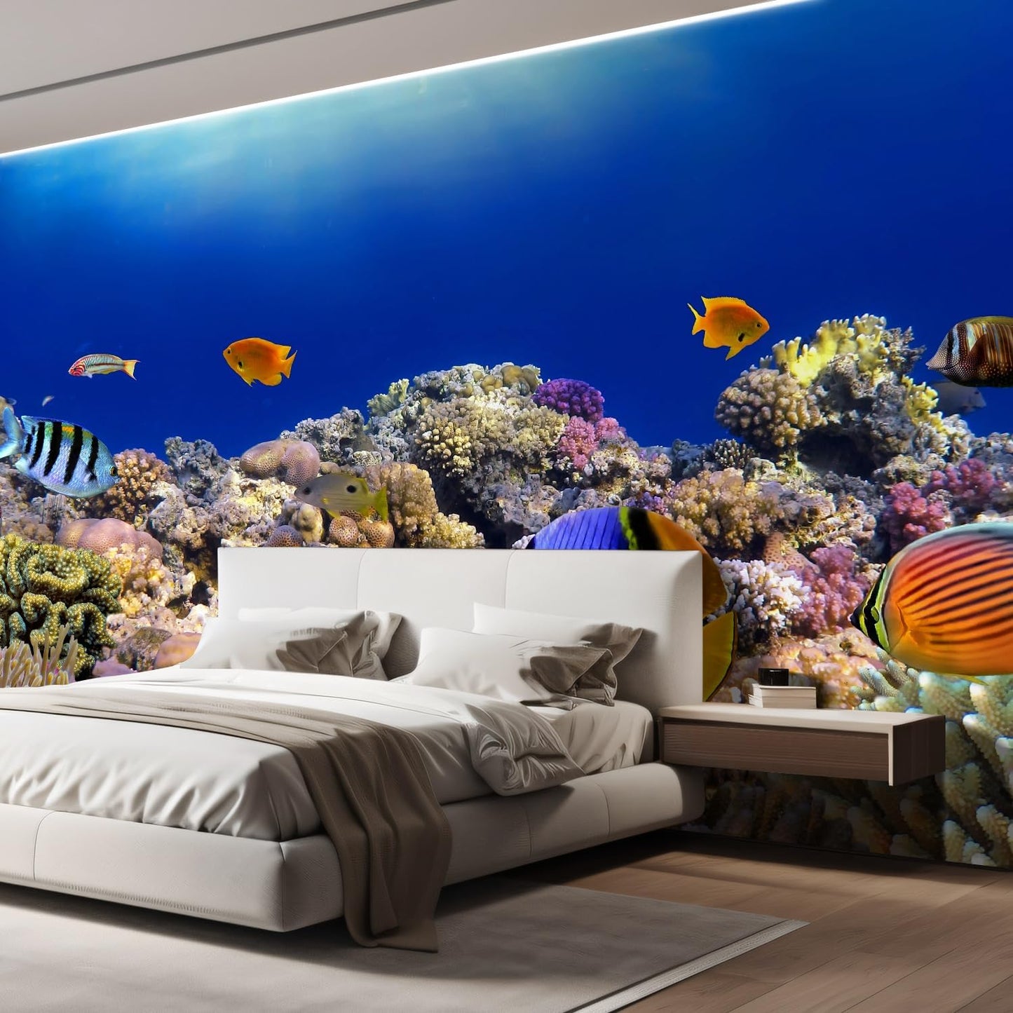 wall26 Wall Sticker/Wall Mural Tropical Blue Fish Coral Reef Ocean Seascape Nature Wilderness, Not Peel and Stick, Non-Woven Wallpaper Decorative for Bedroom, Living Room,Office - 132x120 inches