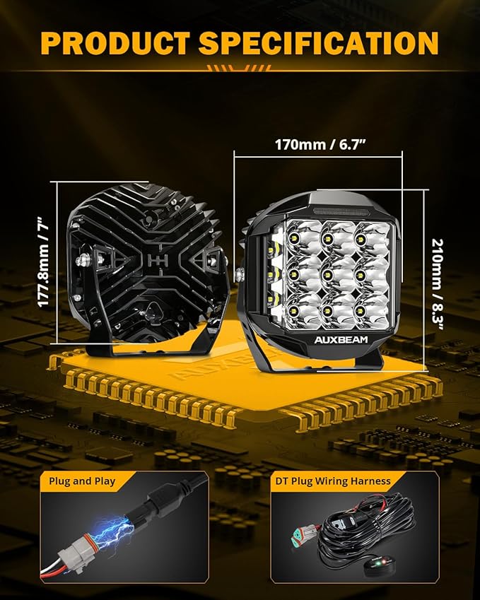 Auxbeam 7 Inch LED Pod Light, V-MAX Series 228W Off-Road Driving Side Shooter Cube Lights with Amber DRL & Backlight, 270° Super Bright Spot Flood Combo Pod with Cover for Trucks SUV UTV ATV