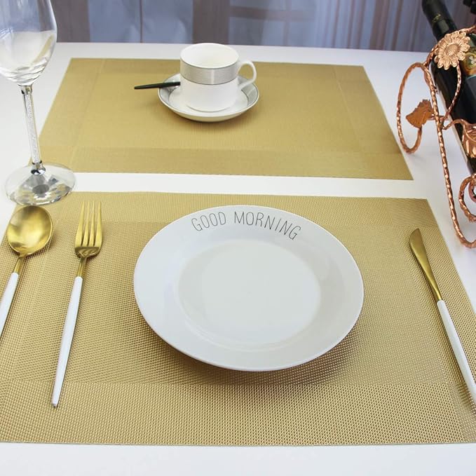 Placemats Vinyl Twill Weave Heat-Resistant Table Mats Washable Kitchen Placemats for Dinig Table Set of 6 (Gold)