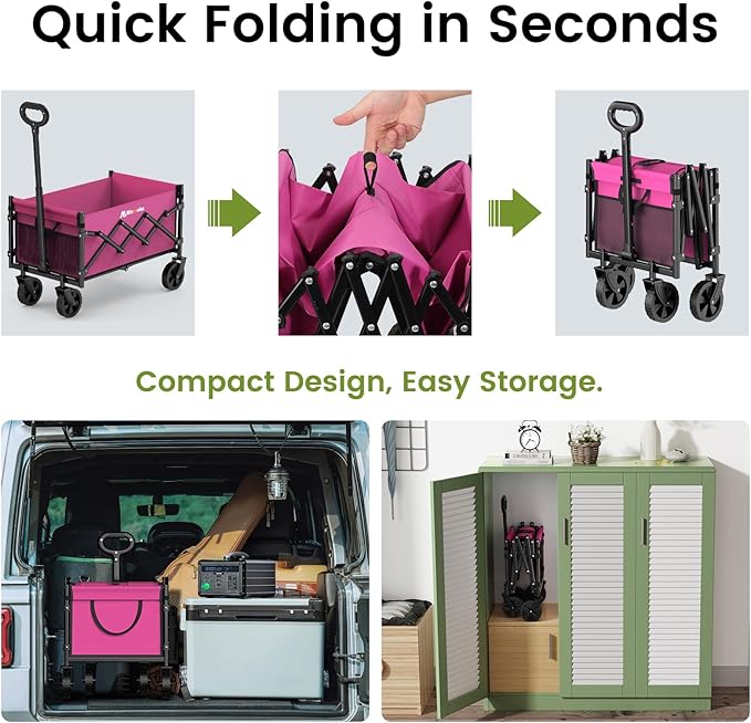 Collapsible Wagon with Wheels, 220 lbs Wagons Carts Foldable Wagon Cart with Flexible Handle, Lightweight Portable Folding Utility Grocery Shopping Cart for Grocery Sports Garden Camping, Pink