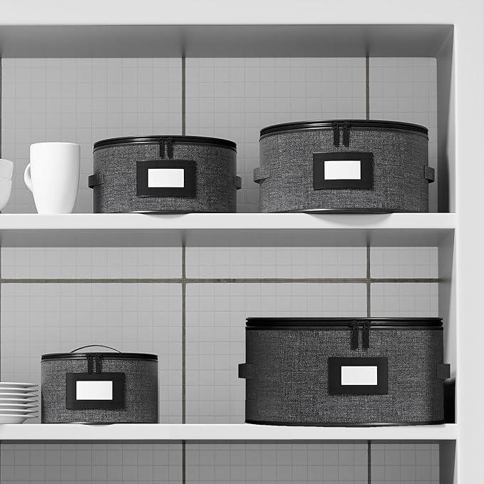 Aokeyee 4 Pcak China Storage Containers, Hard Shell Plates Storage Box with 48 Soft Divider for Saucer, Dessert, Salad, Dinner, Sturdy Quilted Stackable Dish Organizer for Moving & Protection, Grey
