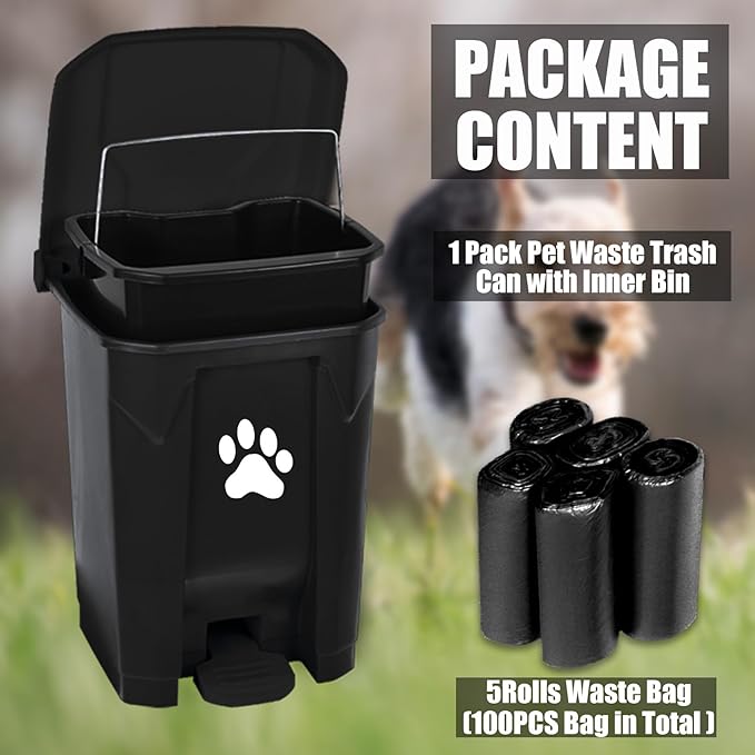 tebiete Dog Poop Trash Can Outdoors Pet Waste Station with Lid Dog Waste Disposal Container with Removable Inner Bin Bucket Hands-Free Pedal Garden Yard Home with 5Rolls Waste Bags, Black