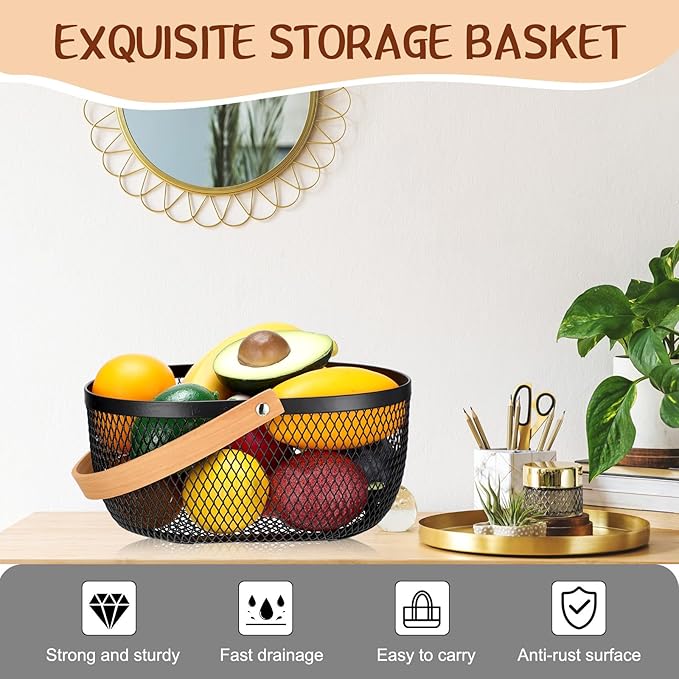 Maxcheck 4 Pcs Oval Metal Wire Storage Basket with Handle for Gathering Vegetables Multi Functional Mesh Basket for Kitchen Bathroom Picnic Home, 10.24 x 7.68 Inch(Black)