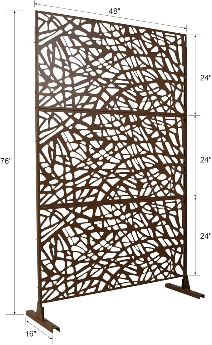 Outdoor Decorative Metal Privacy Screen Panel, 48" L x 16" W x 76" H, Steel Partition for Garden, Patio, and Backyard, Freestanding with Stable Base, Modern Geometric Design, Brown