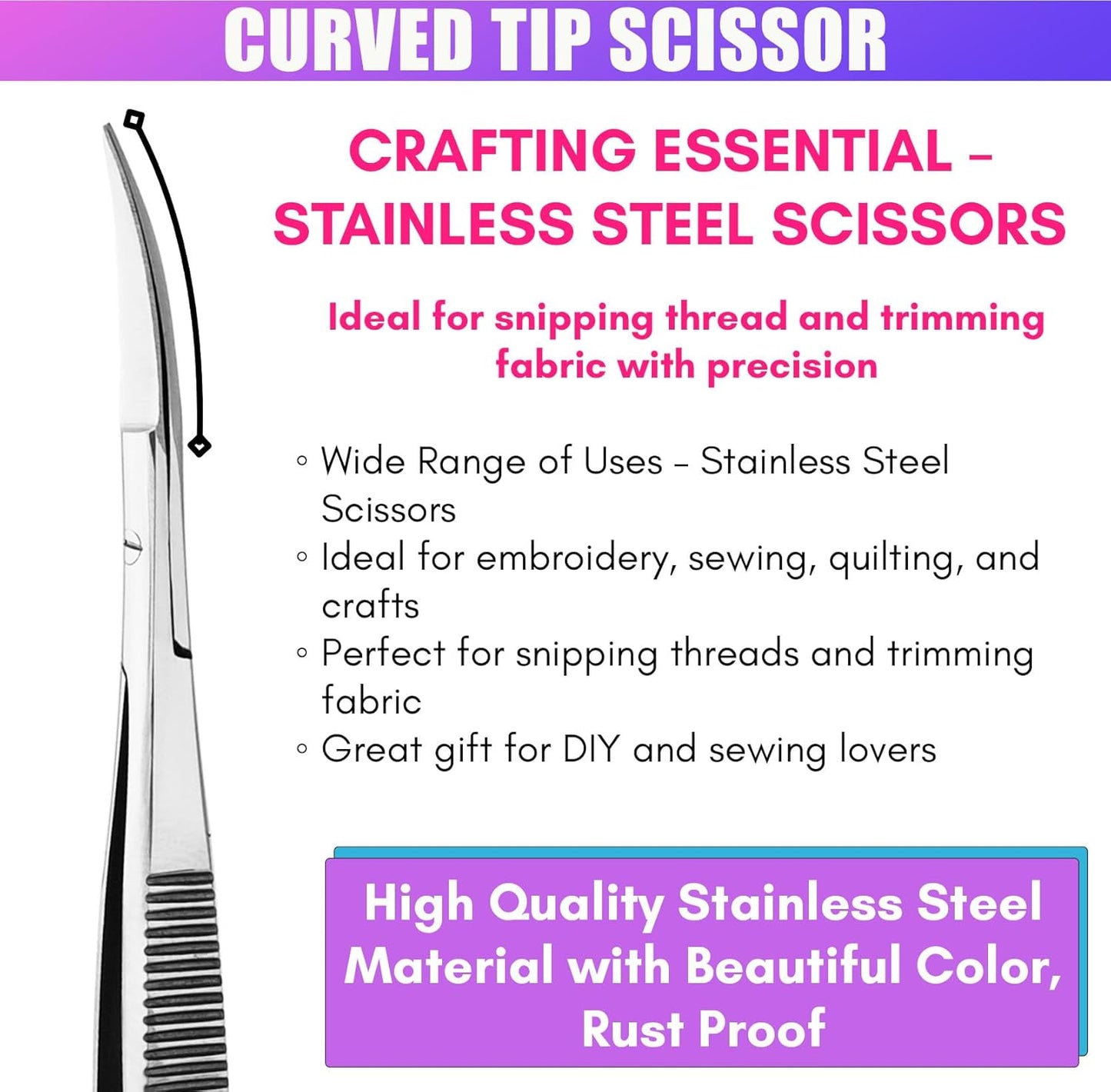 Cross Edge Curved Spring Scissors 5 Inch Stainless Steel Precision Eyebrow & Eyelash Shaping & Trimming Scissor, Snips Squeeze, Embroidery, Knitting Micro Tip Craft Scissors (Silver)