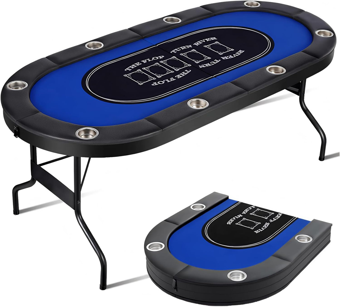 Folding Poker Table, 8 Player Portable Design with Collapsible Legs & Cup Holders, 72 Inch Foldable Casino Table for Quick Setup, Texas Holdem & Card Games