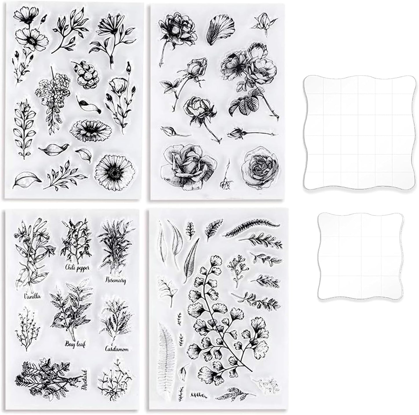 UCEC 4 Sheets Clear Stamps Set for Card Making, 2 Pcs Acrylic Stamp Block (7.5*7.5cm & 5*5cm), Vintage Plants Flowers Rubber Silicone Stamps, Small Clear Stamps for Crafts Decoration DIY Scrapbooking