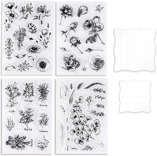 UCEC 4 Sheets Clear Stamps Set for Card Making, 2 Pcs Acrylic Stamp Block (7.5*7.5cm & 5*5cm), Vintage Plants Flowers Rubber Silicone Stamps, Small Clear Stamps for Crafts Decoration DIY Scrapbooking