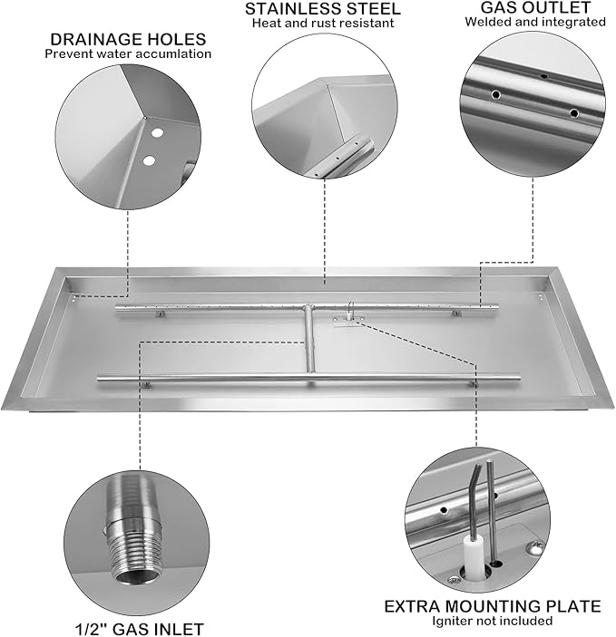 Stanbroil 36 x 12 Inch Rectangular Fire Pit Burner with Drop-in Fire Pan, Gas Firepit Insert for DIY Fire Table, 304 Stainless Steel, 150,000 BTU Max