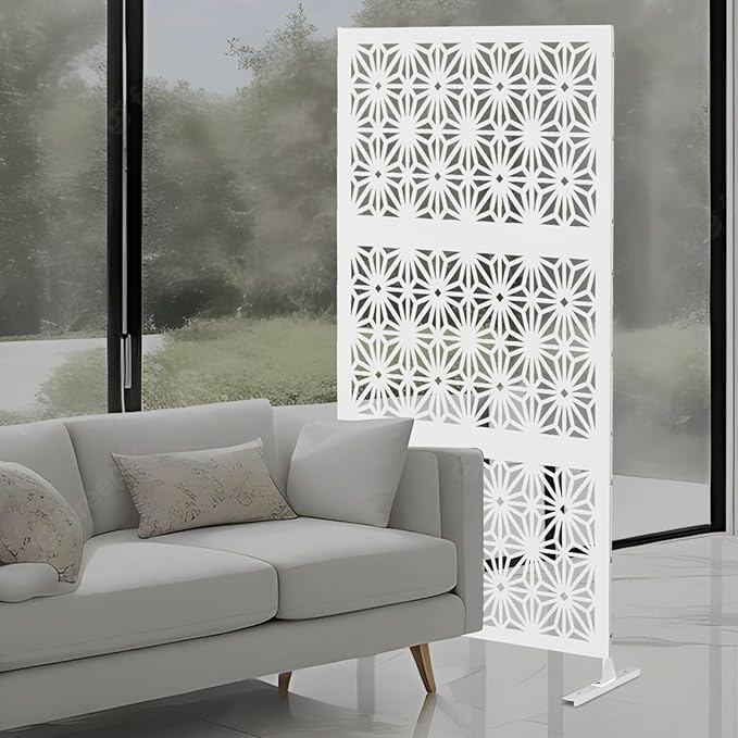75" H×35" W Decorative Outdoor Privacy Screen with Stand, Outdoor Decor Privacy Fence Screen Metal Fence Panels, Free Standing Metal Divider for Patio Lawn Deck (White-Snowflake)