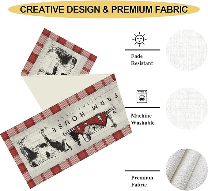 Farmhouse Cow Table Runner, Rustic Red Plaid Animals Buffalo Coffee Table Center Decor for Family Kitchen Dining Room and Living Room Outdoor Country Holiday Party Table Decorations, 13" X 90"