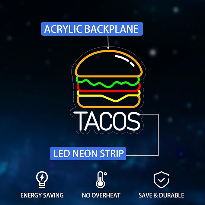Tacos Neon Sign for Wall Decor, Hamburger Led Signs, Dimmable Neon Light Sign for Restaurant, Snacks, Living Room, Bar Decoration, USB Powered Light Up Signs for Kitchen