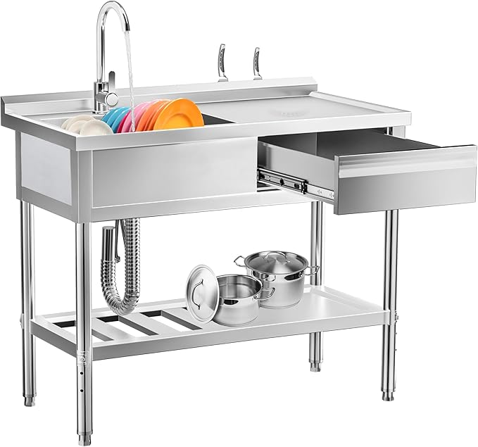 304 Stainless Steel Utility Sink – Free Standing Single Bowl with Workbench, Storage Drawer & Faucet, Hot and Cold Water Pipes for Laundry Room, Farmhouse, Outdoor Use (Right Drawer 39'' Sink)