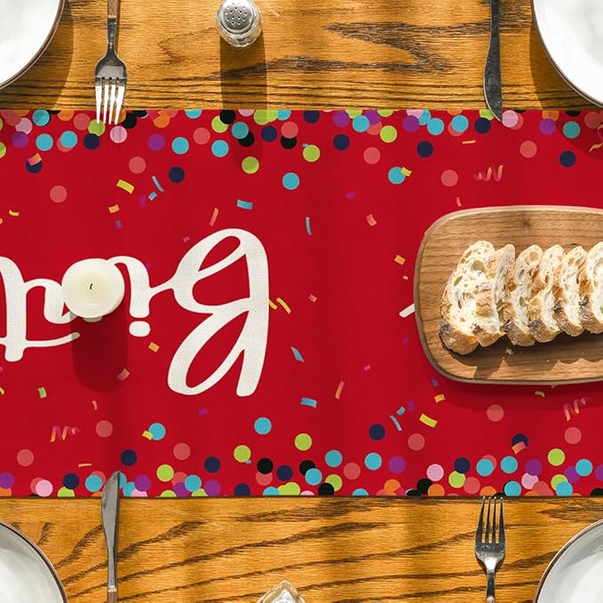 Artoid Mode Polka Dot Red Happy Birthday Table Runner, Seasonal Christmas Winter Kitchen Dining Table Decoration for Home Party Decor 13x72 Inch