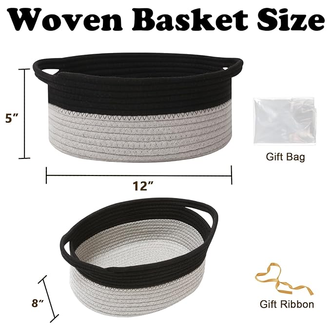 Gift Basket with Gift Bag and Ribbons,Small Rope Woven Shelf Storage,Baskets for Gifts Empty,Birthday,Baby Shower,Decorative Organizer Box with Handles(Black&Grey)