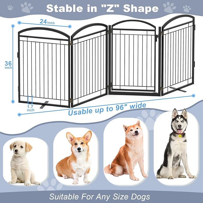 Full Metal Free Standing Dog Gate with Door for Outdoor Indoor,96'' Extra Wide 36'' Tall Dog Gates for Doorways,Large Openings,Decks,Porch,Freestanding Portable Pet Fence(4 Panels,Black)