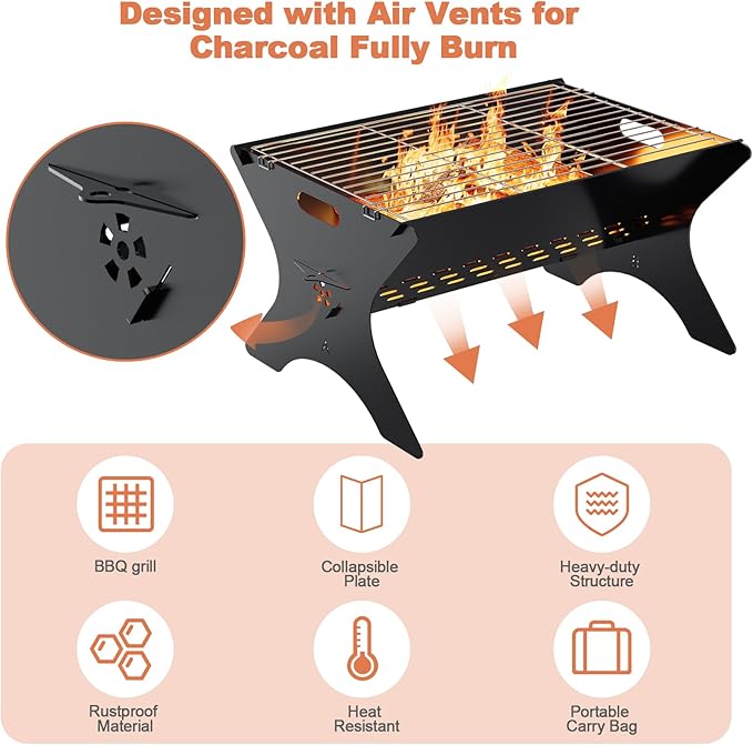 Camping Campfire Grill, 16"Lx12"D Portable Folding Charcoal Grills, Backpacking BBQ Grill with Carry Bag, Outdoor Fire pit for Camping, Picnic, Bonfire, Patio, Backyard