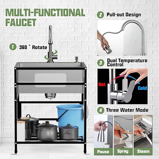 25x22 Inch Stainless Steel Utility Sink-Freestanding Laundry Sink Practicality With Accessories Stainless Functional Faucet,Soap Dispenser, SS Sink Grid For Laundry,Garage,Outdoor Kitchen,Garden...