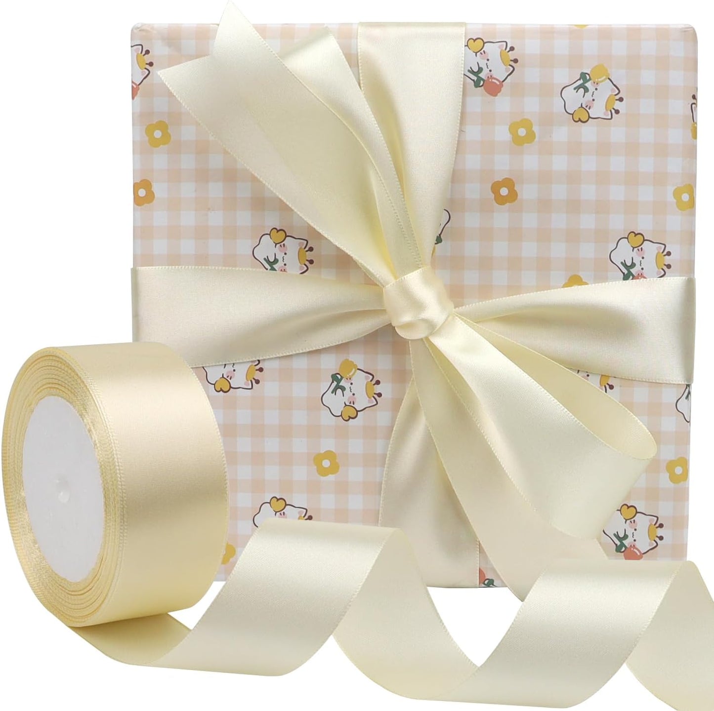 Rice White Solid Satin Ribbon 1-1/2 Inch 25 Yards Solid Polyester Fabric Ribbon for Gift Wrapping Wedding Christmas Baby Shower Birthday Party Decoration Handmade Immortal Flower Craft