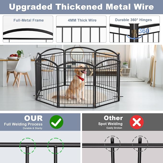 Full Metal Free Standing Dog Gate with Door for Indoor Outdoor, 192'' Extra Wide 36'' Tall Dog Gate for Doorways,Large Openings,Decks,Pet Puppy Freestanding Safety Fence(8 Panels,Black)