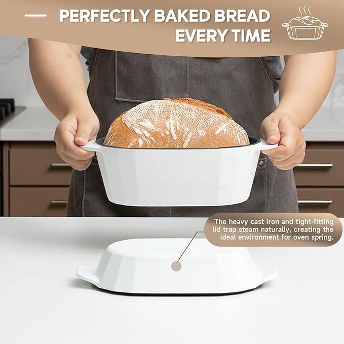 Enameled Cast Iron Dutch Oven for Bread Baking – 3QT Oval Round Heavy Duty Bread Pan with Lid, Non-Stick Ceramic Coating,Loaf Cast Iron Bread Oven for Sourdough, Baking, Roasting, Braising, Stovetop & Oven Safe