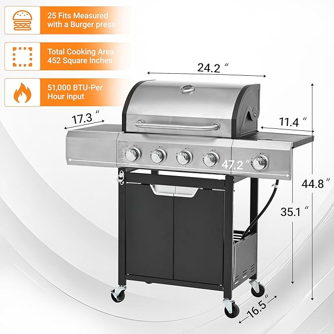 Zateety 4 Burner Propane Grill - 42,000 BTU Gas Grill with Side Burner, Stainless Steel with Iron Cast Grates for Outdoor Cooking, Patio, Camping BBQ, Garden Barbecue Grill, Black and Silver