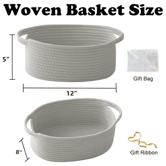 3 Pack Gift Basket with Gift Bag and Ribbons,Small Rope Woven Shelf Storage,Baskets for Gifts Empty,Birthday,Baby Shower,Decorative Organizer Box with Handles(Grey)