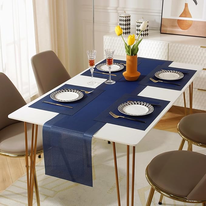 Vinyl Placemats Set of 6 Vinyl Heat-Resistant Table Mats with Matching a Same-Style 72 inches Table Runner(7pcs,Blue)