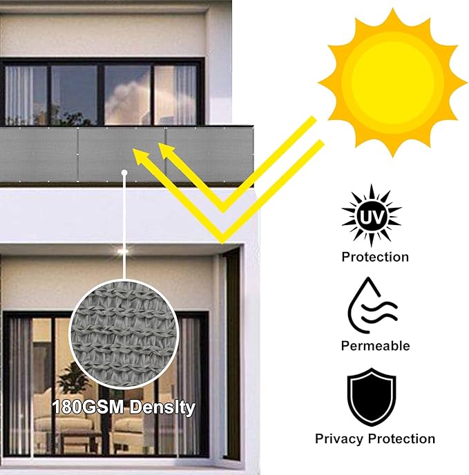 Eden's Decor Balcony Privacy Screen Grey 2'6"x 6' Cover Mesh Windscreen Weather-Resistant UV Protection for Backyard Deck, Patio, Balcony, Pool, Porch, Fence, Railing, Gardening