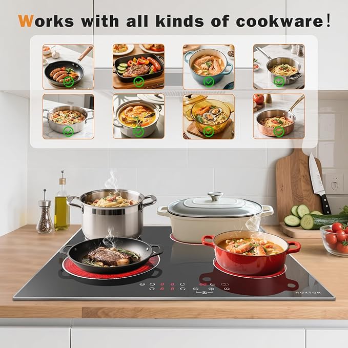 Noxton 24 Inch Electric Cooktop, 4 Burners Ceramic Glass Stove Top with Dual and Oval Expandable Zones, Stainless Steel Frame, Timer, Child Lock, 240V Hardwired