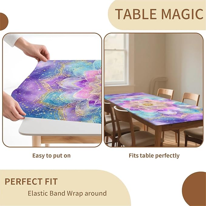 Rectangle Table Cloth Cover Waterproof Elastic Fitted Polyester Fitted Tablecloths for 6 Foot Tables for Indoor,Picnic, Camping, Outdoor （60" x 30"，Datura）