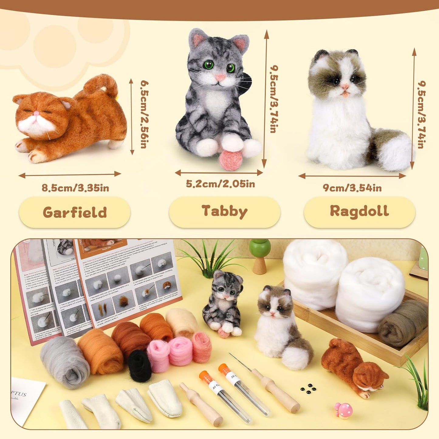 Mayboos Needle Felting Kit, 3 PCS Cat Animal Needle Felting Beginner Kits Wool Felt Needle Felting Tools with Instruction for DIY Craft Animal Home Decoration