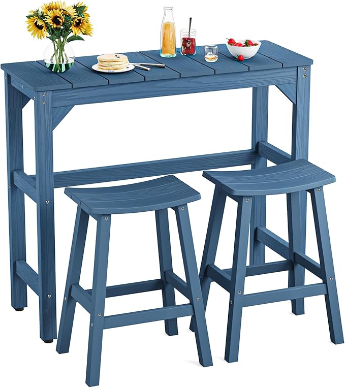 3 Piece Outdoor Bar Set, 42" Rectangular Pub Height High Top Bar Table & 2 Outdoor Bar Stools for Patio, Garden, Poolside and Bistro, Weatherproof, Blue